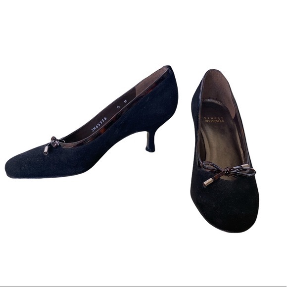 Stuart Weitzman Vintage Black Suede Tortoise Bow Kitten Heels Pumps - 5 - Picture 2 of 12